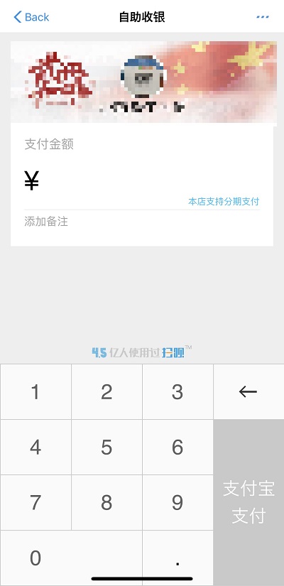 Alipay(支付宝)の金額入力画面