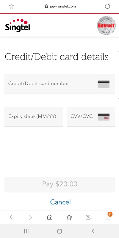 SingtelのTop up時のクレジットカード情報入力画面