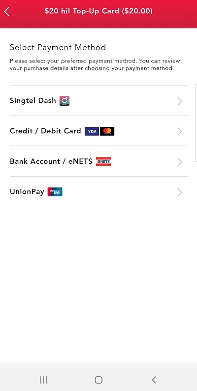 hi!Appの支払い方法選択画面