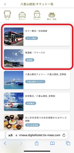 沖縄MaaSの八重山諸島のチケット一覧画面